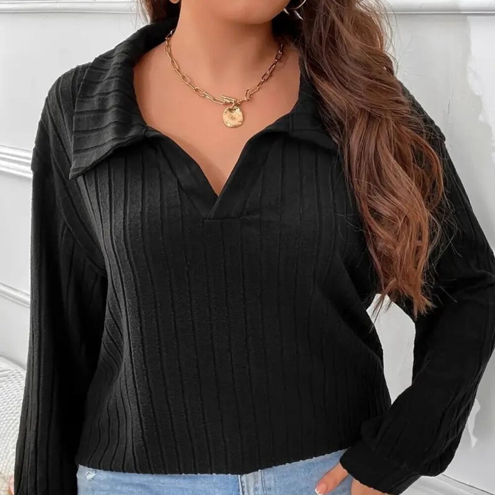 Women's Plus Size Black Oversized Ribbed Collared Breathable Sweater Top 18W